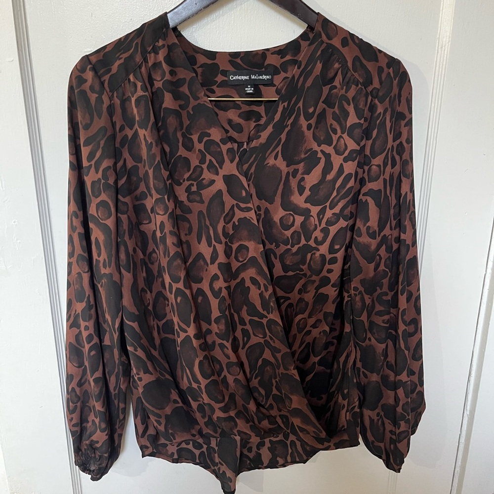 Catherine Malandrino Leopard Print Surplice Faux-Wrap Blouse Size M EUC